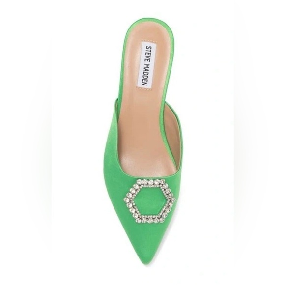 Steve Madden Green SATIN Party Kees Rhinestone Embellished Kitten Mule 6.5 Chic - Picture 2 of 11